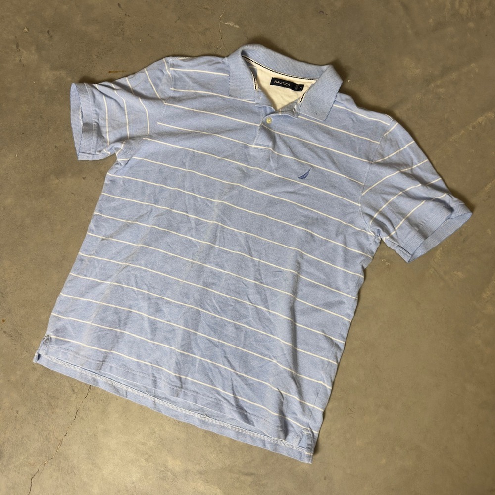 Nautica Polo Shirt Mens XL‎ Blue White Striped Short Sleeve Preppy Nautical 2777